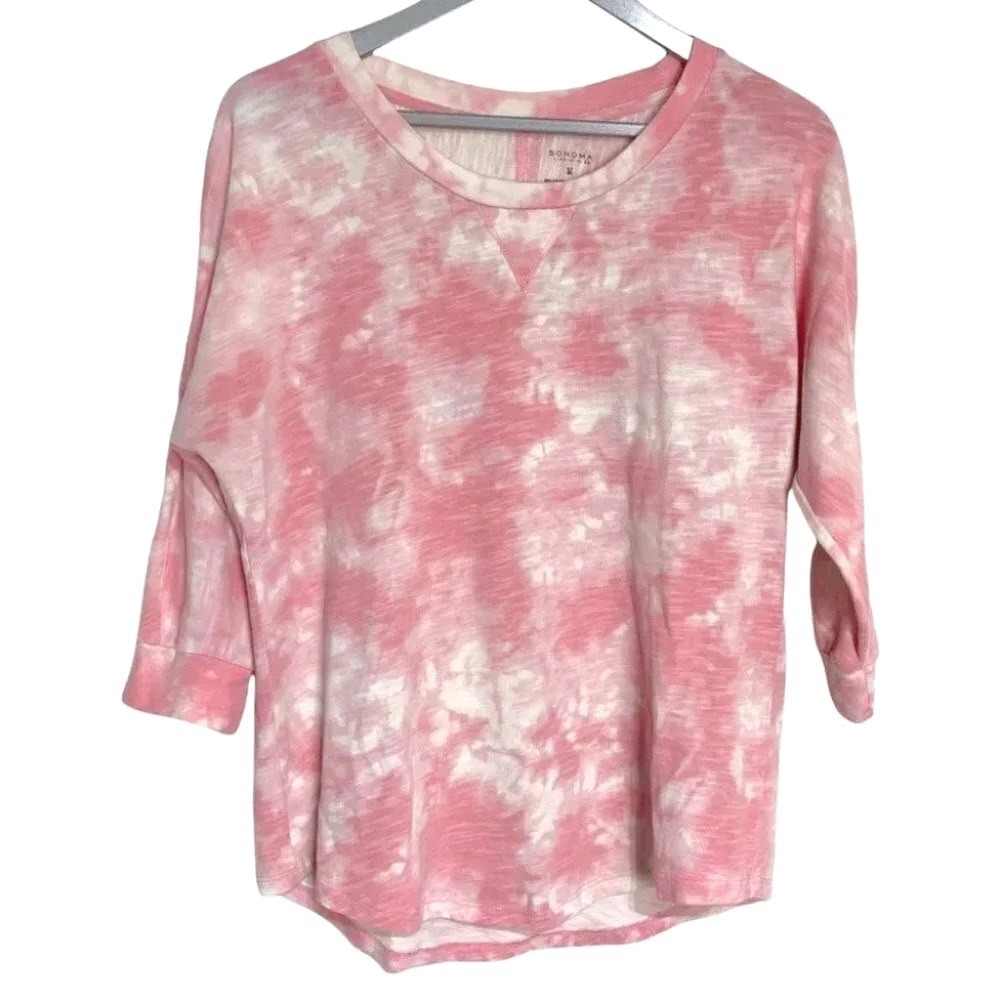 Sonoma Tie Dye Top Medium Pink 3/4 Sleeve Crew Neck Relaxed Fit Slub Knit